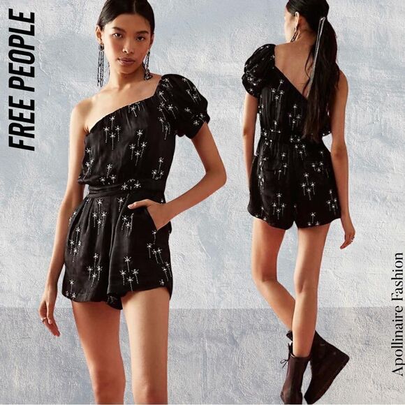 FREE PEOPLE GEMINI PARTY ROMPER BLACK SATIN EMBELLISHED NWOT LARGE - Picture 1 of 7